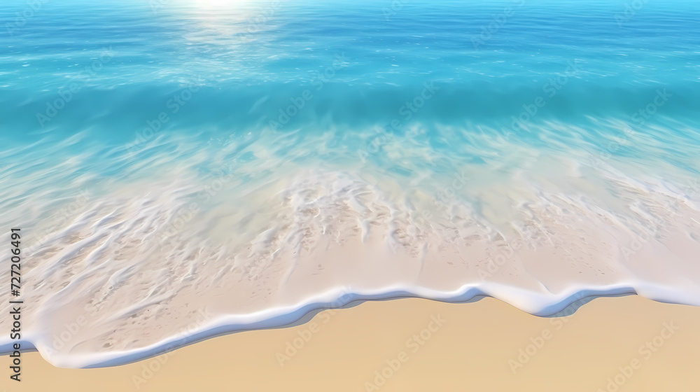 Sandy beach with light blue transparent water waves and sunlight, tranquil aerial beach scene Sandy beach with light blue transparent water waves and sunlight, tranquil aerial beach scene