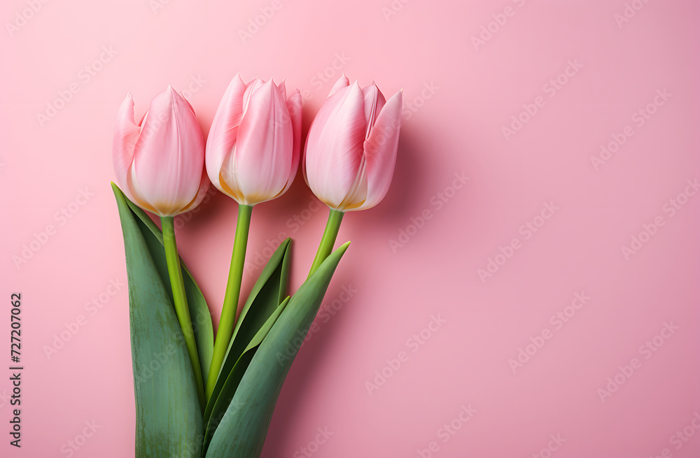 Naklejka premium Pink tulips on a pastel rose color. Summer season. Love moment. Valentine's Day