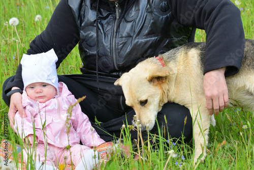 Obraz na płótnie Love friendship between a dog and a little girl in nature w salonie