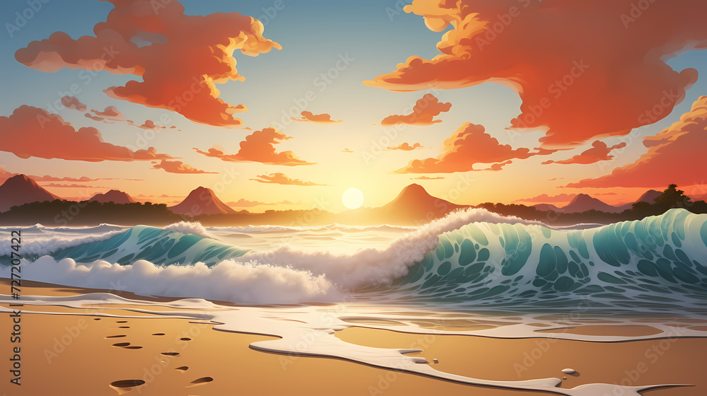 Sandy beach with light blue transparent water waves and sunlight, tranquil aerial beach scene Sandy beach with light blue transparent water waves and sunlight, tranquil aerial beach scene
