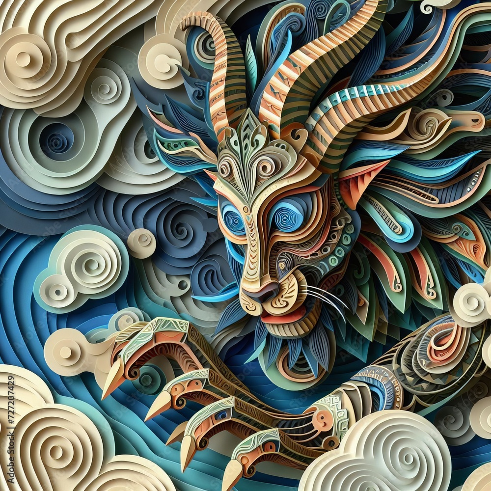 Naklejka premium Spiraled Mythos: Creatures of Afican Lore in Papercut Artistry