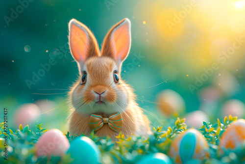 A cute fluffy Easter bunny is sitting on the lawn in the grass among the Easter eggs. Ai generative..
