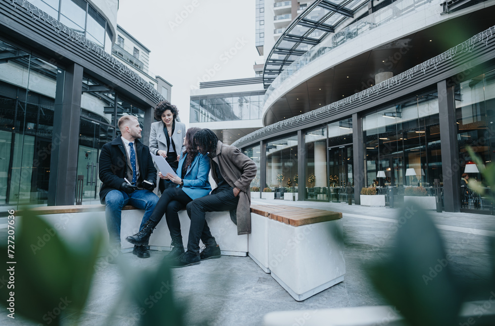 Three business professionals engaged in a discussion while sitting on a bench outside their office. They reflect diversity and teamwork in a corporate setting. Three business professionals engaged in a discussion while sitting on a bench outside their office. They reflect diversity and teamwork in a corporate setting.
