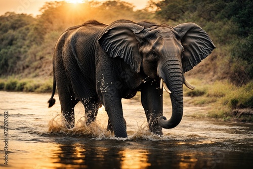 elephant walking in river at sunset 