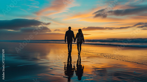 A dreamy silhouette of a couple strolling barefoot on a serene beach at sunset, their hands intertwined, radiating love, connection, and tranquility. © Farm
