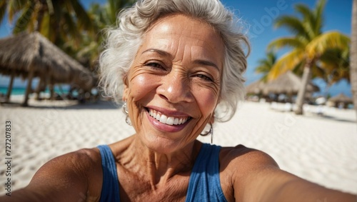 Happy elderly lady with silver hair taking a selfie on a sandy beach, blue sky and palm trees in the background. © Tom
