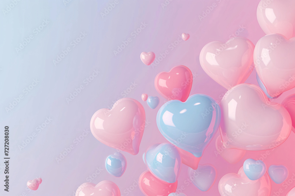Valentine's Day heart-shaped balloons on pink background, 3d rendering