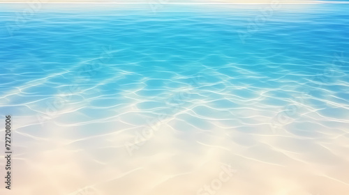 Sandy beach with light blue transparent water waves and sunlight, tranquil aerial beach scene