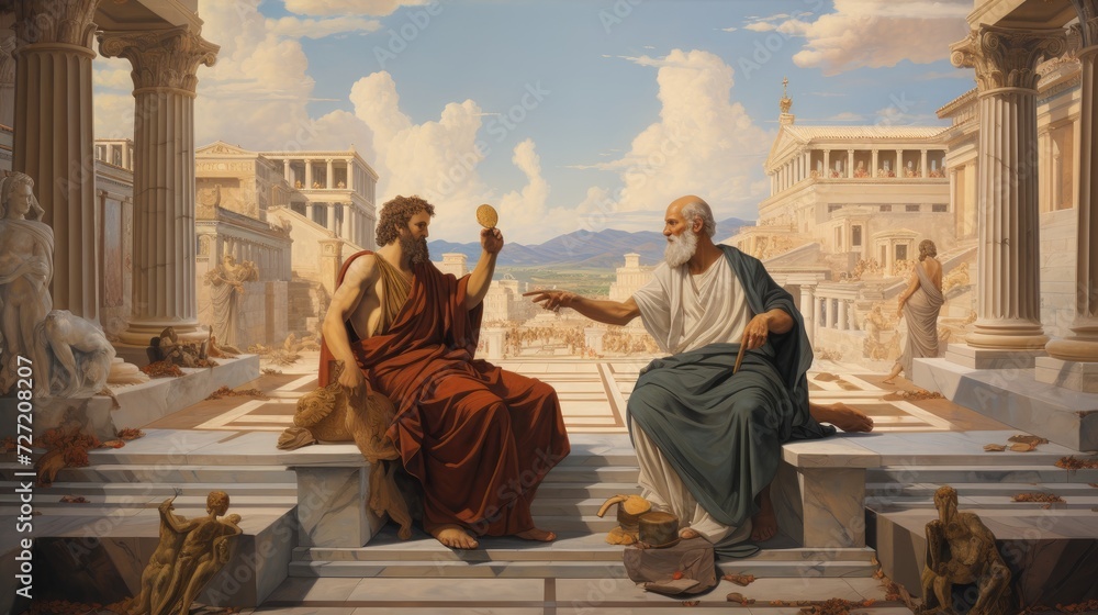 An intense atmosphere of intellectual discourse as Greek and Roman philosophical figures engage in a spirited debate.