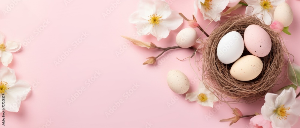 Easter pastel colorful eggs in nest and spring flowers for festive holiday on pink background. Greeting card with copy space. View from above. Easter pastel colorful eggs in nest and spring flowers for festive holiday on pink background. Greeting card with copy space. View from above.