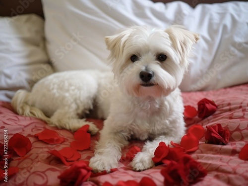 Cute Maltese dog lying on bed with red rose petals