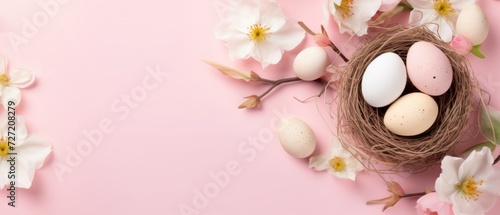 Easter pastel colorful eggs in nest and spring flowers for festive holiday on pink background. Greeting card with copy space. View from above.
