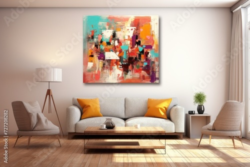 Living Room Home Interior Design with Abstract Geometric Shapes, Colorful Sofa, Modern Art Gallery Vibes, Oil Painting Illustration, Digital Art on White Wall, Perfect for Wallpaper, Frame, and Banner © DreamStock
