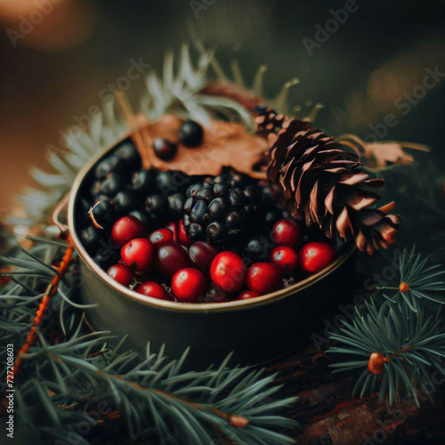 Berries, cones and branches in a tea box as a gift, fir branches, trees, beautiful scene, tea on a wooden table
