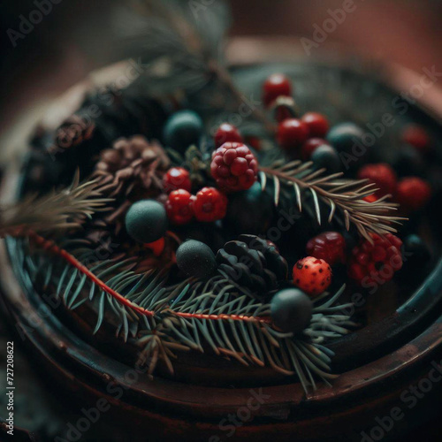 Berries, cones and branches in a tea box as a gift, fir branches, trees, beautiful scene, tea on a wooden table