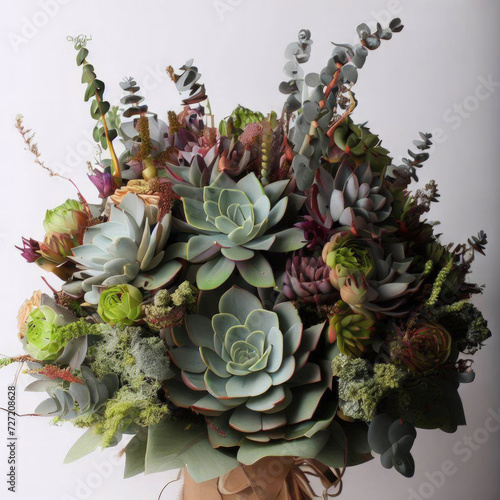 Bouquet-vase of green and different kinds of succulents, white background, flowers