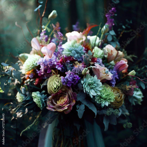 A beautiful colourful bouquet of different flowers in the woods and other places, a gift