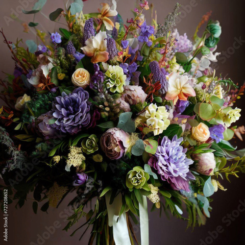 A beautiful colourful bouquet of different flowers in the woods and other places, a gift