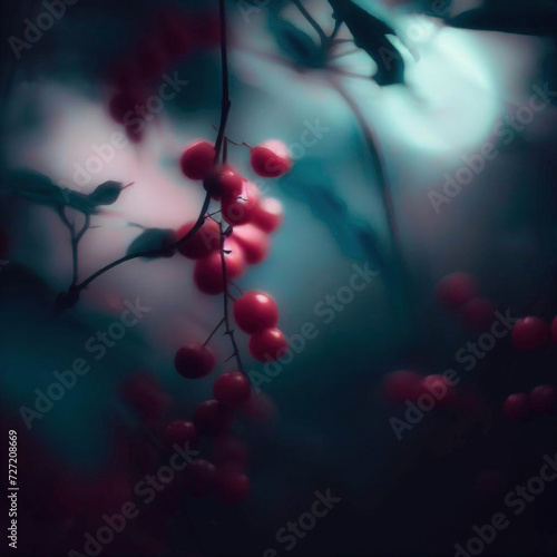 Red and blue berries on a branch in the forest.