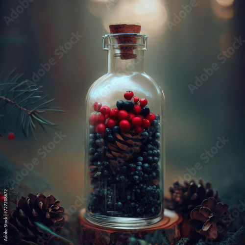 Forest red, blue, coloured berries in a transparent jar in a forest with trees, nearby birds and tree branches, nature and with cones
