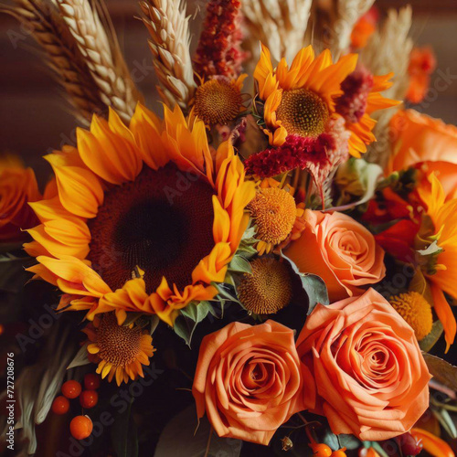 Autumn red bouquet with sunflower and other beautiful flowers, roses