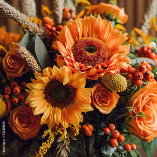 Autumn red bouquet with sunflower and other beautiful flowers, roses