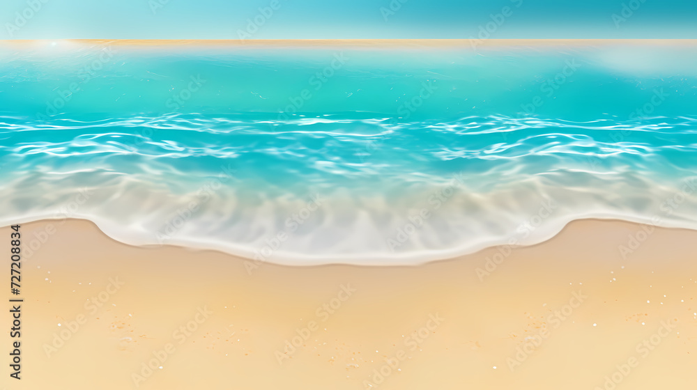 Sandy beach with light blue transparent water waves and sunlight, tranquil aerial beach scene Sandy beach with light blue transparent water waves and sunlight, tranquil aerial beach scene