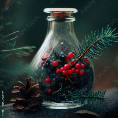 Forest red, blue, coloured berries in a transparent jar in a forest with trees, nearby birds and tree branches, nature and with cones