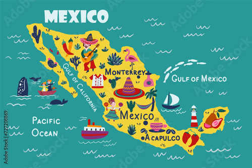 Mexico map vector, American country geographic horizontal banner template, colorful illustration adventure, decorative travel card, Spanish concept design attraction for design touristic poster