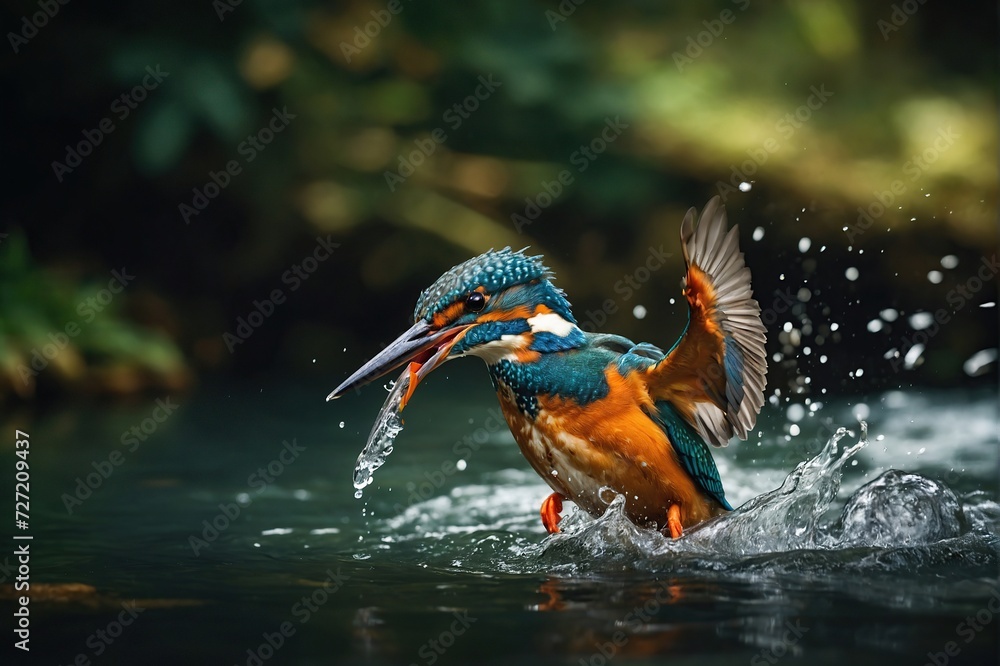 Naklejka premium Female Kingfisher emerging from the water after an unsuccessful dive to grab a fish