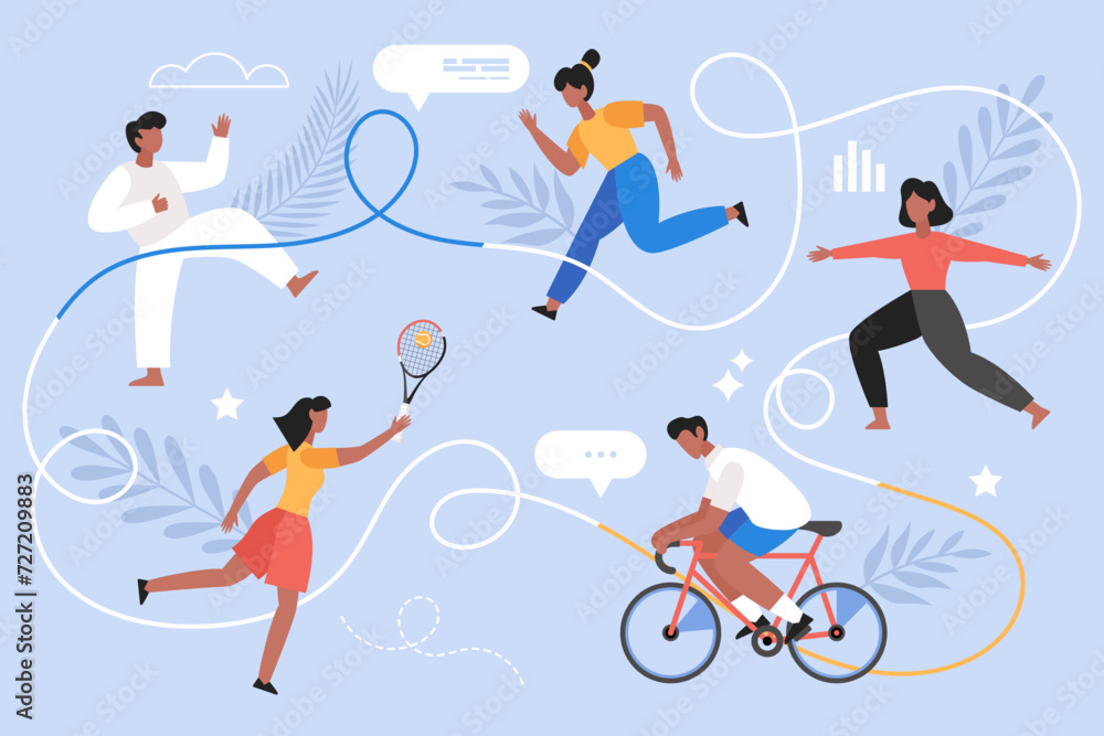 Sport, fitness and healthy lifestyle concept. Modern vector illustration of people cycling, exercising, playing tennis and running