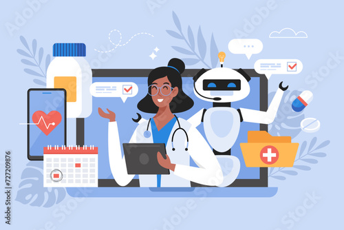 Artificial intelligence in medicine business concept. Modern vector illustration of doctor using AI technology to search medical data and help patient diagnosis and  treatment