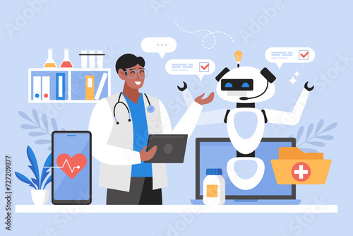 Artificial intelligence in medicine business concept. Modern vector illustration of doctor using AI technology to search medical data and help patient diagnosis and  treatment