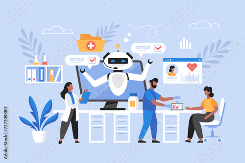 Artificial intelligence in medicine business concept. Modern vector illustration of doctor using AI technology to search medical data and help patient diagnosis and  treatment