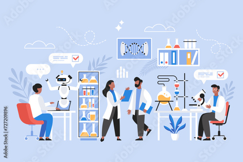 Scientists in science lab working on medical, chemical or biological laboratory research and test Modern vector illustration of using AI technology and artificial intelligence