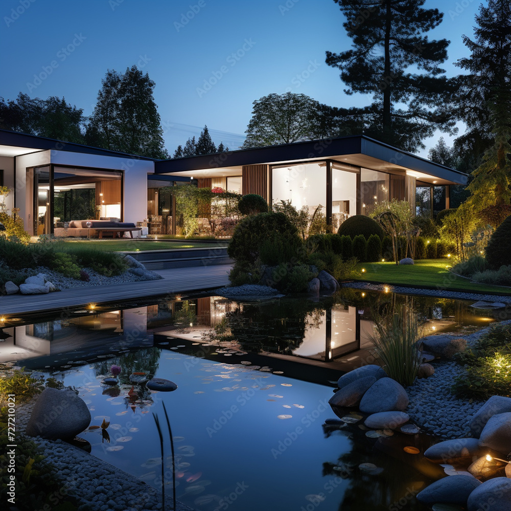 Fototapeta premium Duży przestronny nowoczesny dom z ogrodem i garażem w nocy