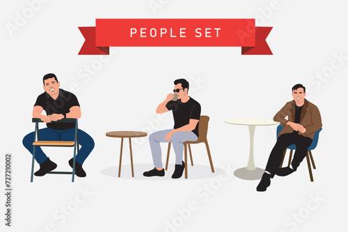 People sit at a table and drink coffee. Vector illustration in flat style