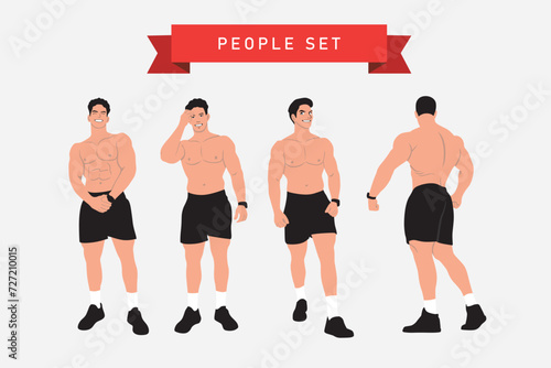 Set of vector illustrations of a bodybuilder in different poses. Flat style.