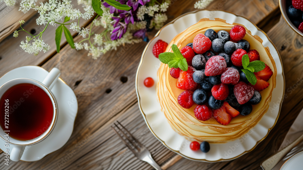Delicious homemade breakfast featuring sweet pancakes adorned with a delightful mix of fresh berries and raspberry jam on a white plate Delicious homemade breakfast featuring sweet pancakes adorned with a delightful mix of fresh berries and raspberry jam on a white plate