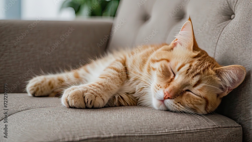 lazy and cute cat sleeping on the sofa with closed eyes