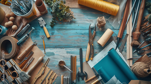 A captivating stock image capturing the essence of creativity, showcasing an ongoing DIY home decor project. Tools and materials are strategically scattered, highlighting the passion and eff photo