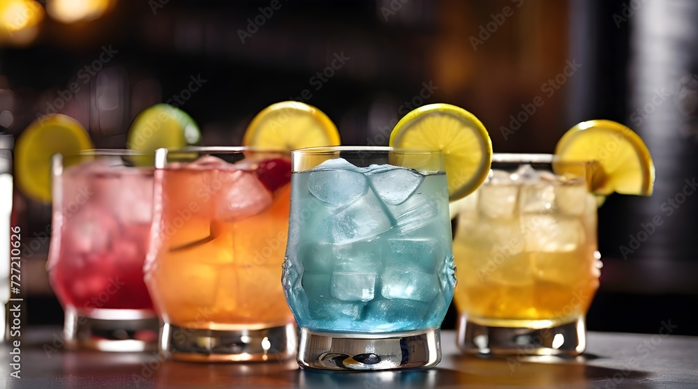 Cocktails with citrus garnish on bar background