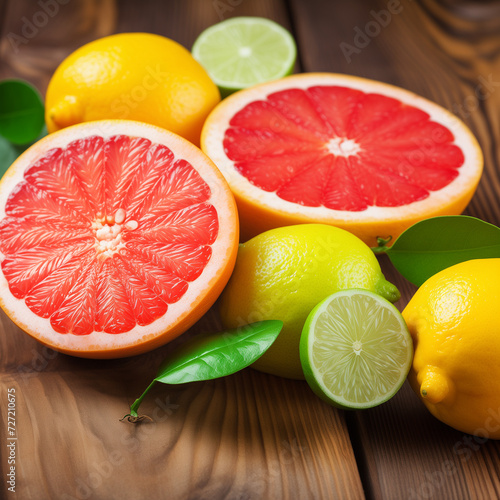 A vibrant assortment of fresh citrus fruits, including oranges, lemons, grapefruits, and limes, beautifully arranged on a clean white background, showcasing their juicy, healthy, and tropical qualitie photo