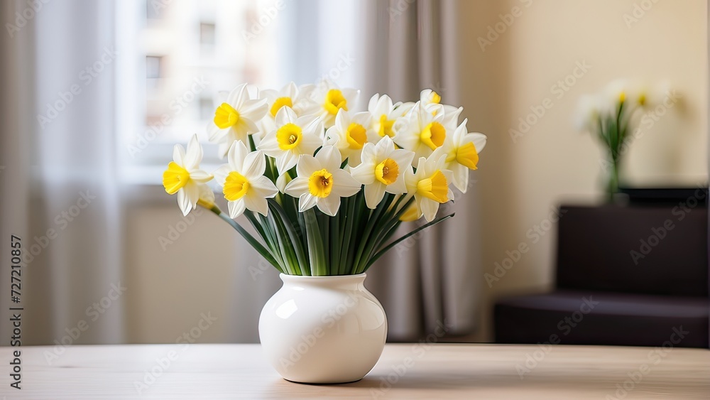 little vase filled with a bunch of white and yellow daffodils, hotel room background with text space