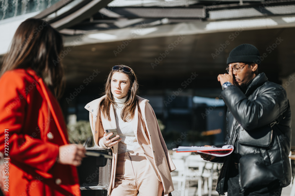 Mixed race young people engage in a casual business discussion at a sunny outdoor cafe, reflecting urban work lifestyle and collaboration.