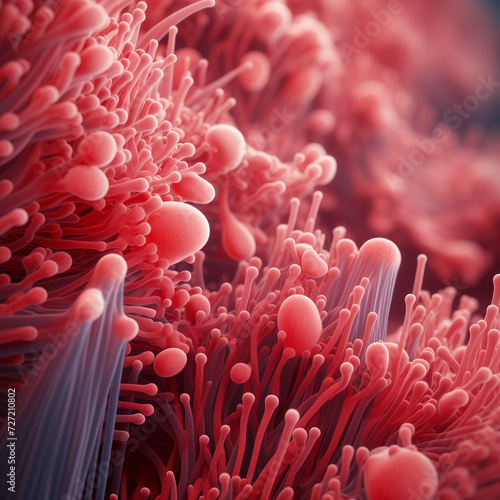 Underwater Macro Scene: Red Blood Cells Floating Amidst Fresh Sea Life, Pink Anemone, and White Coral in the Rain