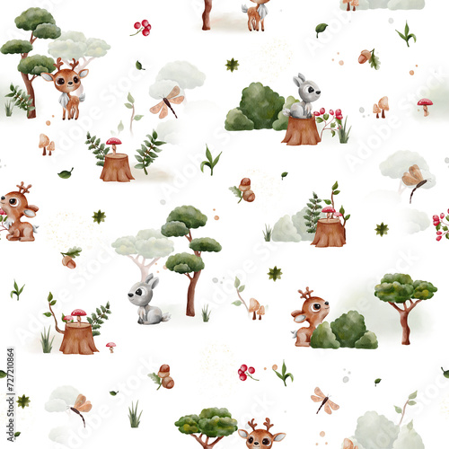 cute patterns, watercolor pattern, cute deer, cute animal pattern, botanical pattern, watercolor botanical pattern