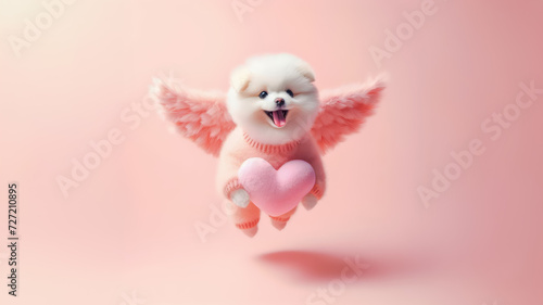 Cute white puppy with angel wings and hearts on pink background. Valentine's day concept © mim.girl