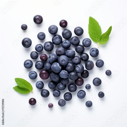 Fresh blueberries with leaves on a white background, showcasing a healthy and sweet assortment of ripe berries in a natural and appetizing arrangement