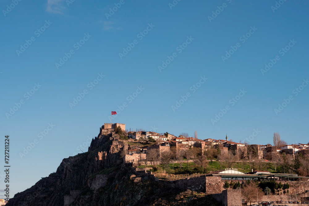 Fototapeta premium Ankara, Turkey-January 22, 2024: View of Ankara castle from the sheriff of Hacı Bayram Veli Mosque,